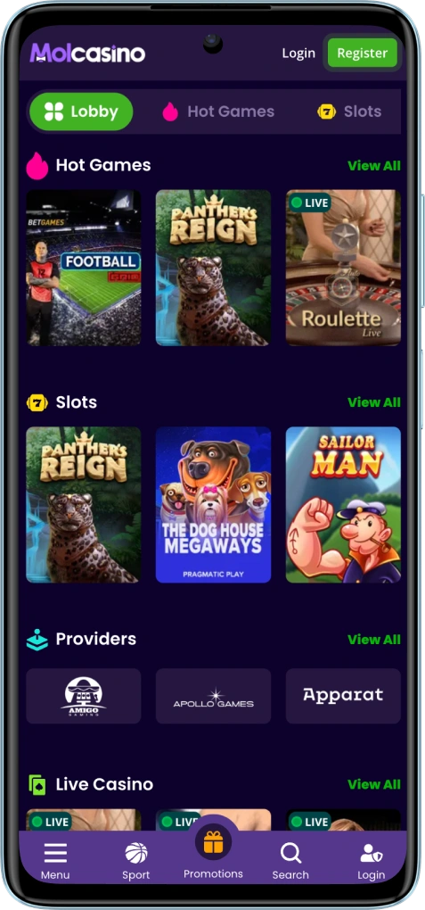 MOL Casino app game lobby