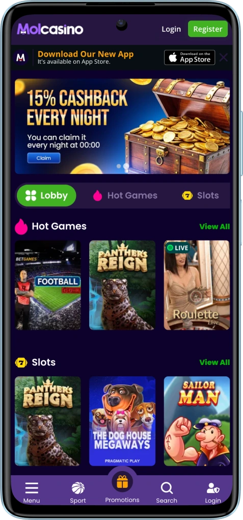 MOL Casino app slots section