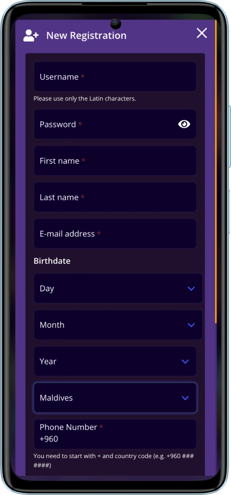 MOL Casino app registration form